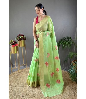 Lime Green Pure Linen Resham Weaved All Over Flower Body Pallu With Gold Zari Border Saree