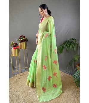 Lime Green Pure Linen Resham Weaved All Over Flower Body Pallu With Gold Zari Border Saree