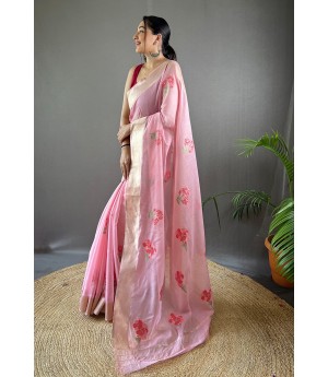 Pink Pure Linen Resham Weaved All Over Flower Body Pallu With Gold Zari Border Saree