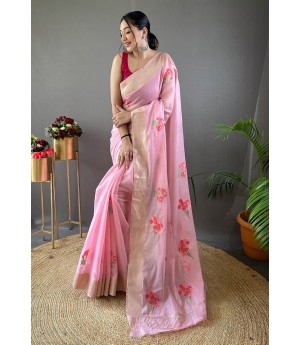 Pink Pure Linen Resham Weaved All Over Flower Body Pallu With Gold Zari Border Saree