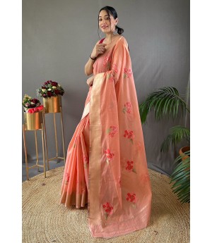 Orange Pure Linen Resham Weaved All Over Flower Body Pallu With Gold Zari Border Saree