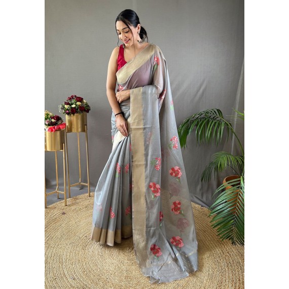 Gray Pure Linen Resham Weaved All Over Flower Body Pallu With Gold Zari Border Saree