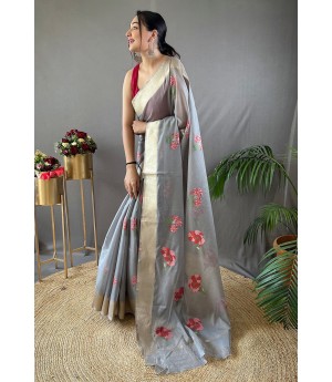 Gray Pure Linen Resham Weaved All Over Flower Body Pallu With Gold Zari Border Saree