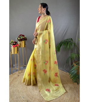 Yellow Pure Linen Resham Weaved All Over Flower Body Pallu With Gold Zari Border Saree