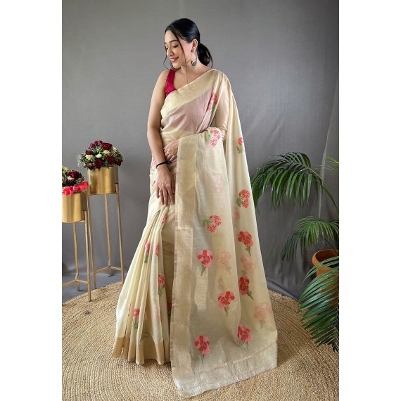 Cream Pure Linen Resham Weaved All Over Flower Body Pallu With Gold Zari Border Saree