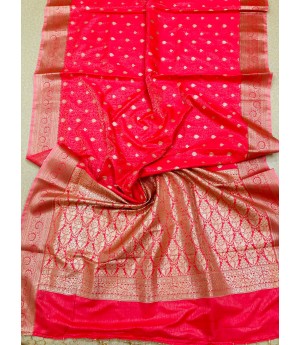 Raani Pure Banarasi Tanchhui Silk Self Weaved Rich Zari Pallu Border With Tassels Saree