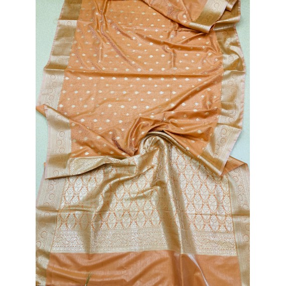 Peach Light Orange Pure Banarasi Tanchhui Silk Self Weaved Rich Zari Pallu Border With Tassels Saree