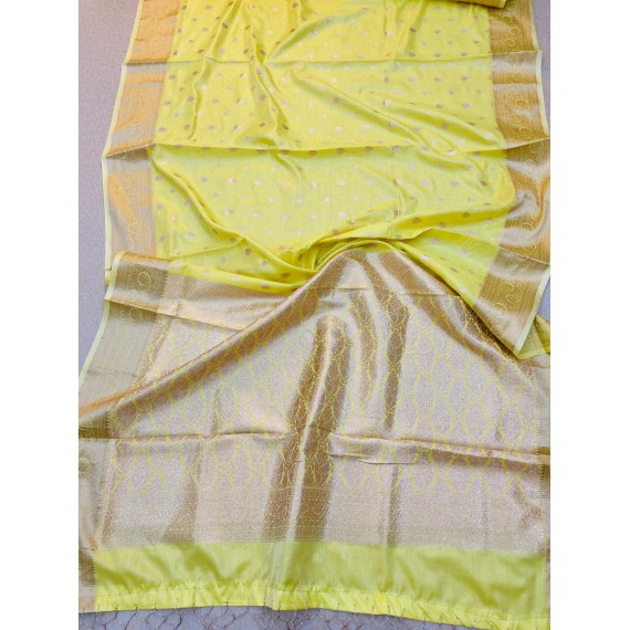 Lemon Yellow Pure Banarasi Tanchhui Silk Self Weaved Rich Zari Pallu Border With Tassels Saree