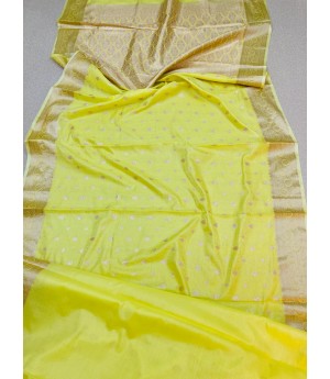Lemon Yellow Pure Banarasi Tanchhui Silk Self Weaved Rich Zari Pallu Border With Tassels Saree