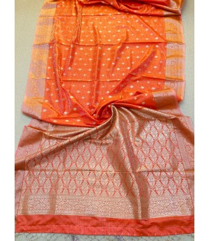Orange Pure Banarasi Tanchhui Silk Self Weaved Rich Zari Pallu Border With Tassels Saree