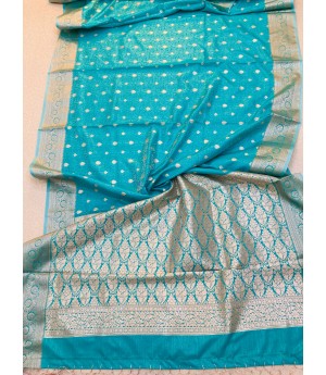Sky Blue Pure Banarasi Tanchhui Silk Self Weaved Rich Zari Pallu Border With Tassels Saree