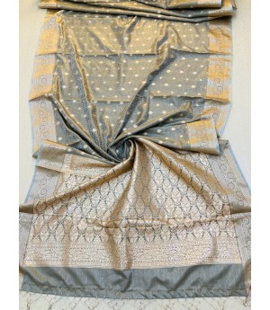 Gray Pure Banarasi Tanchhui Silk Self Weaved Rich Zari Pallu Border With Tassels Saree