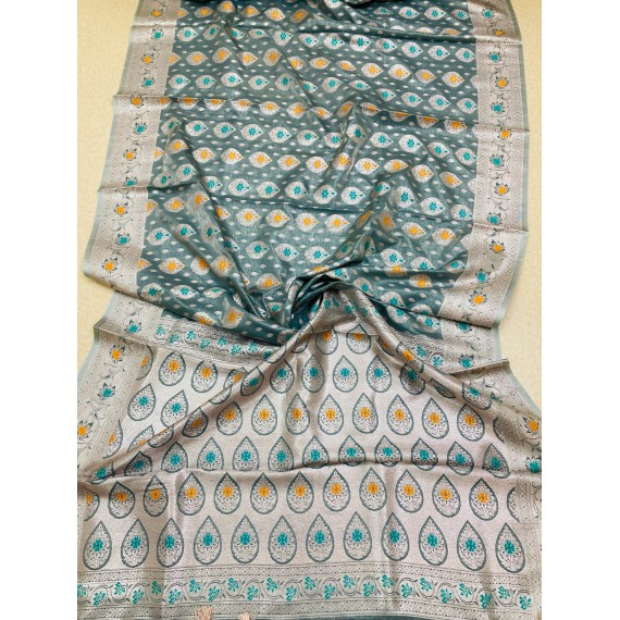 Graphite Pure Banarasi Silk All Over Rich Zari Resham Weaved Pallu Border With Tassels Saree