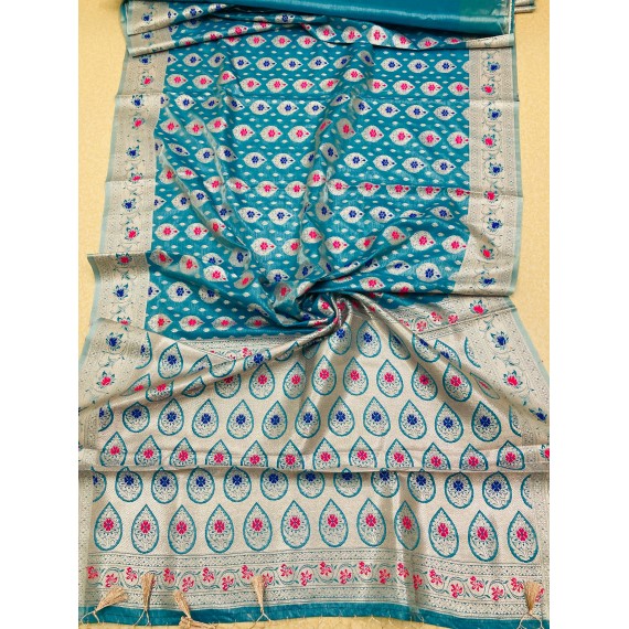Teal Pure Banarasi Silk All Over Rich Zari Resham Weaved Pallu Border With Tassels Saree