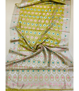Mehendi Pure Banarasi Silk All Over Rich Zari Resham Weaved Pallu Border With Tassels Saree