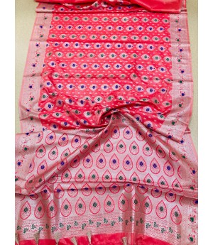 Pink Pure Banarasi Silk All Over Rich Zari Resham Weaved Pallu Border With Tassels Saree