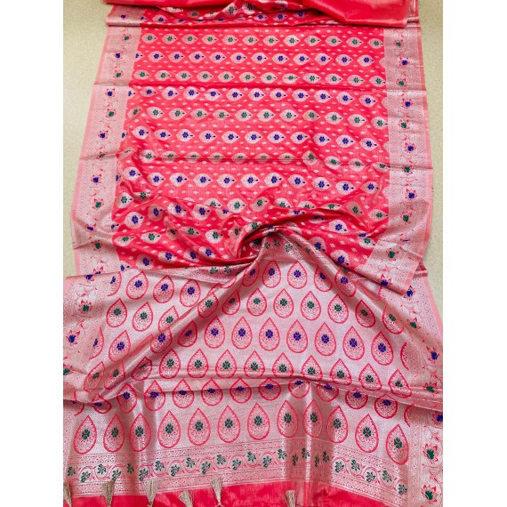 Pink Pure Banarasi Silk All Over Rich Zari Resham Weaved Pallu Border With Tassels Saree
