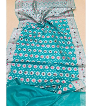 Sea Green Pure Banarasi Silk All Over Rich Zari Resham Weaved Pallu Border With Tassels Saree
