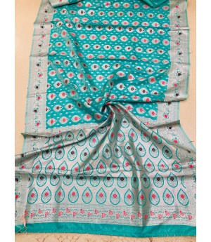 Sea Green Pure Banarasi Silk All Over Rich Zari Resham Weaved Pallu Border With Tassels Saree