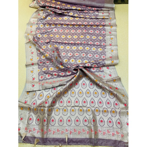 Lavender Pure Banarasi Silk All Over Rich Zari Resham Weaved Pallu Border With Tassels Saree