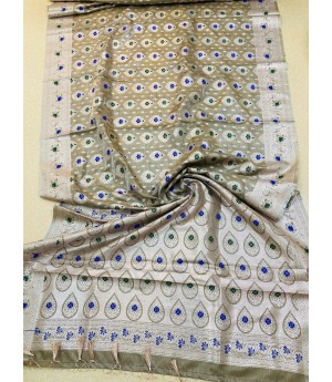 Gray Pure Banarasi Silk All Over Rich Zari Resham Weaved Pallu Border With Tassels Saree