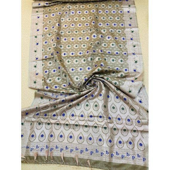 Gray Pure Banarasi Silk All Over Rich Zari Resham Weaved Pallu Border With Tassels Saree