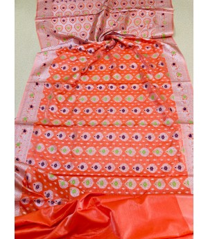 Orange Pure Banarasi Silk All Over Rich Zari Resham Weaved Pallu Border With Tassels Saree
