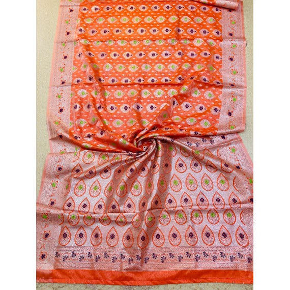 Orange Pure Banarasi Silk All Over Rich Zari Resham Weaved Pallu Border With Tassels Saree