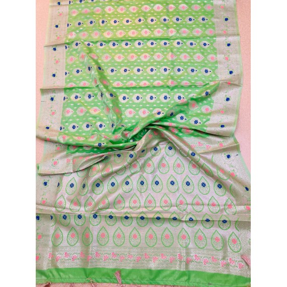 Mint Green Pure Banarasi Silk All Over Rich Zari Resham Weaved Pallu Border With Tassels Saree