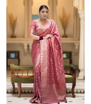 Onion Banarasi Soft Silk All Over Rich Zari Weaved Body Pallu Border Saree