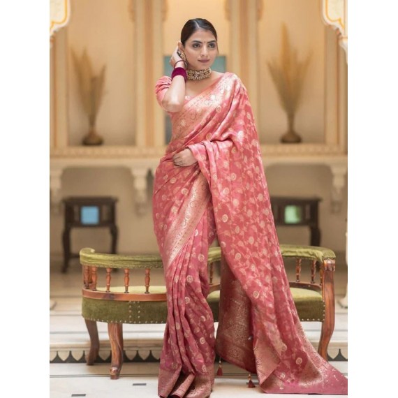 Onion Banarasi Soft Silk All Over Rich Zari Weaved Body Pallu Border Saree