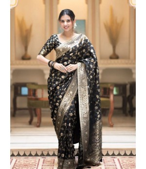 Black Banarasi Soft Silk All Over Rich Zari Weaved Body Pallu Border Saree