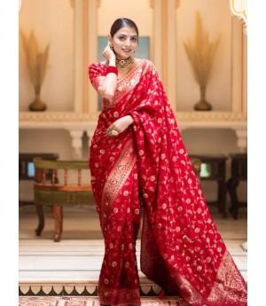Red Banarasi Soft Silk All Over Rich Zari Weaved Body Pallu Border Saree