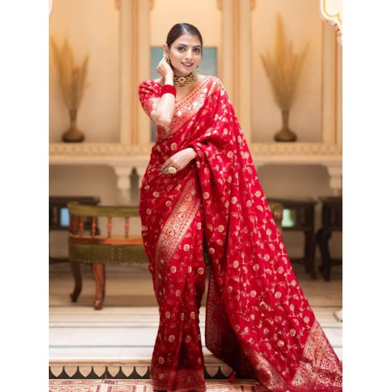 Red Banarasi Soft Silk All Over Rich Zari Weaved Body Pallu Border Saree