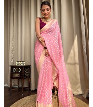 Pink Banarasi Soft Silk All Over Rich Zari Weaved Booti On Body Pallu Border Saree
