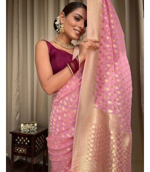 Pink Banarasi Soft Silk All Over Rich Zari Weaved Booti On Body Pallu Border Saree