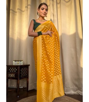 Gold Banarasi Soft Silk All Over Rich Zari Weaved Booti On Body Pallu Border Saree
