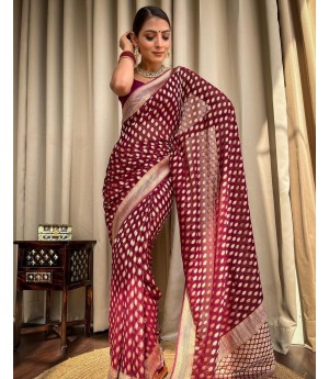 Garnet Banarasi Soft Silk All Over Rich Zari Weaved Booti On Body Pallu Border Saree