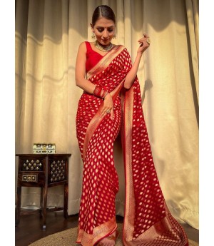 Red Banarasi Soft Silk All Over Rich Zari Weaved Booti On Body Pallu Border Saree
