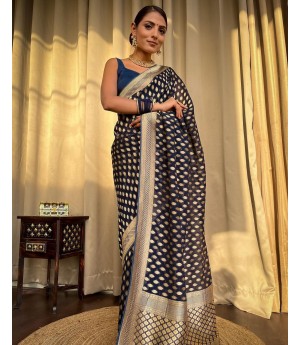 Indigo Blue Banarasi Soft Silk All Over Rich Zari Weaved Booti On Body Pallu Border Saree