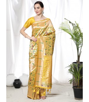 Gold Pure Banarasi Paithani Silk All Over Zari & Meena Weaved With Fancy Temple Border Saree