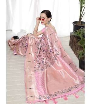 Baby Pink Pure Banarasi Paithani Silk All Over Zari & Meena Weaved With Fancy Temple Border Saree