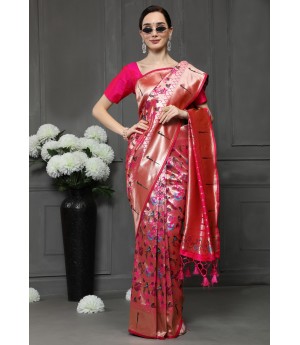 Raani Pure Banarasi Paithani Silk All Over Zari & Meena Weaved With Fancy Temple Border Saree