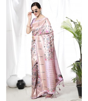Light Lavender Pure Banarasi Paithani Silk All Over Zari & Meena Weaved With Fancy Temple Border Saree