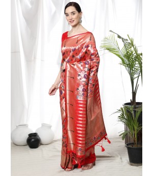 Red Pure Banarasi Paithani Silk All Over Zari & Meena Weaved With Fancy Temple Border Saree