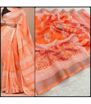 Orange Soft Linen Digital Printed Saree With Silver Zari Border