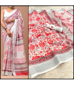 Red Pink Multi Soft Linen Digital Printed Saree With Silver Zari Border