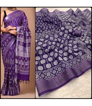 Violet Soft Linen Digital Printed Saree With Silver Zari Border