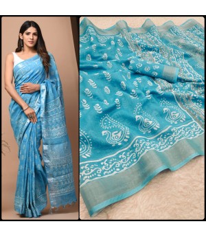 Sky Blue Soft Linen Digital Printed Saree With Silver Zari Border