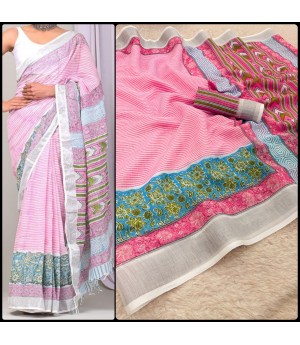 Baby Pink Soft Linen Digital Printed Saree With Silver Zari Border